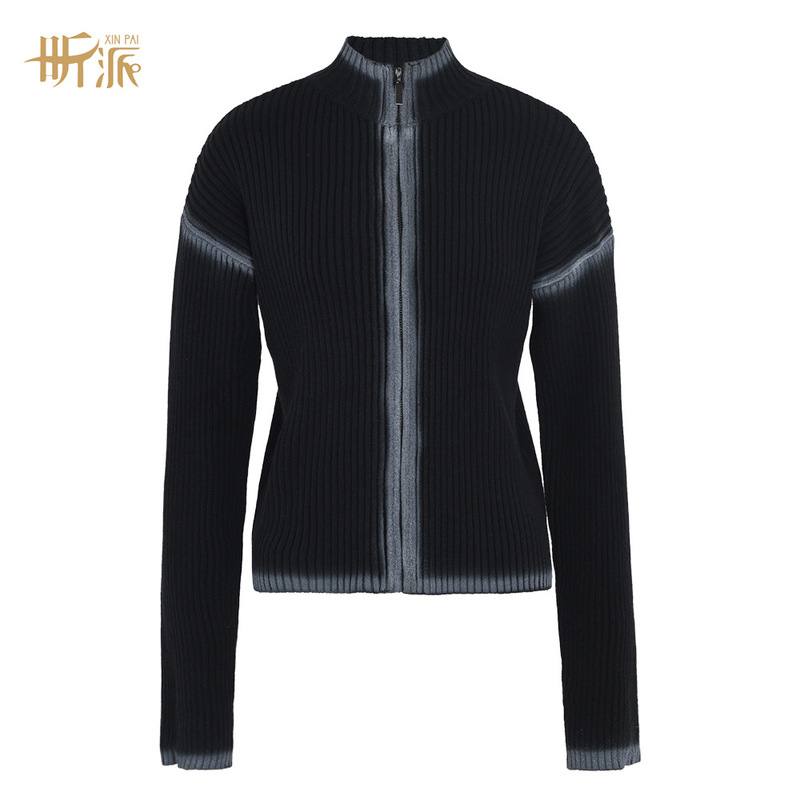 2024 New Design Long-Sleeved Spray-Painted Half Turtleneck Slim Fit Women's Knitwear Cross-Border Zipper Top for Women