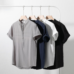 夏の新型男性綿麻半袖tシャツ男性式立襟中国風レトロ通気カジュアルゆったり半袖