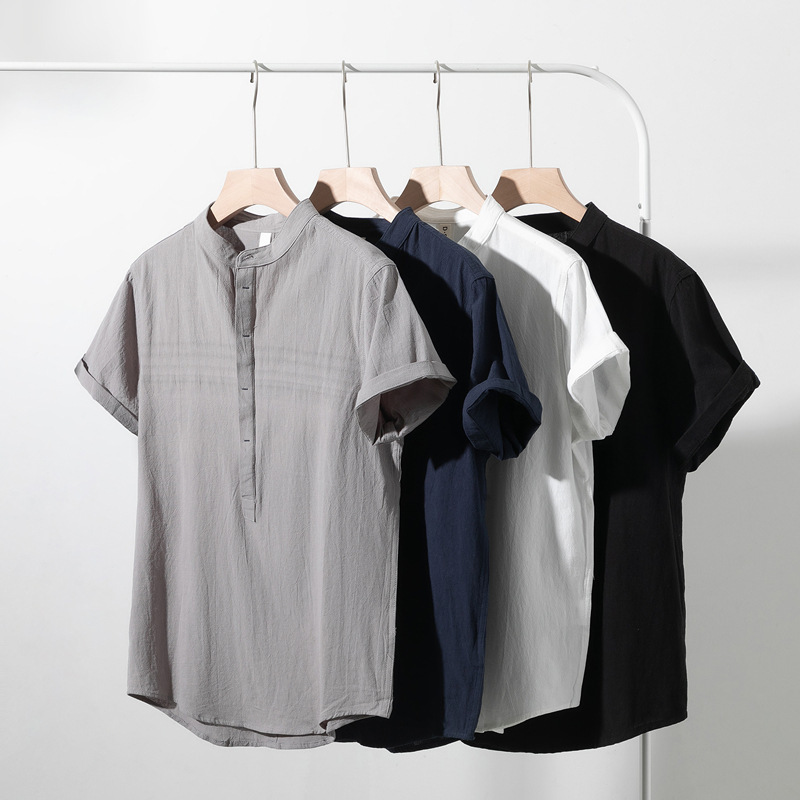 Summer New Men's Cotton Linen Short-sleeved T-shirt Men's stand collar Chinese Style Retro Breathable Casual Loose Half Sleeve