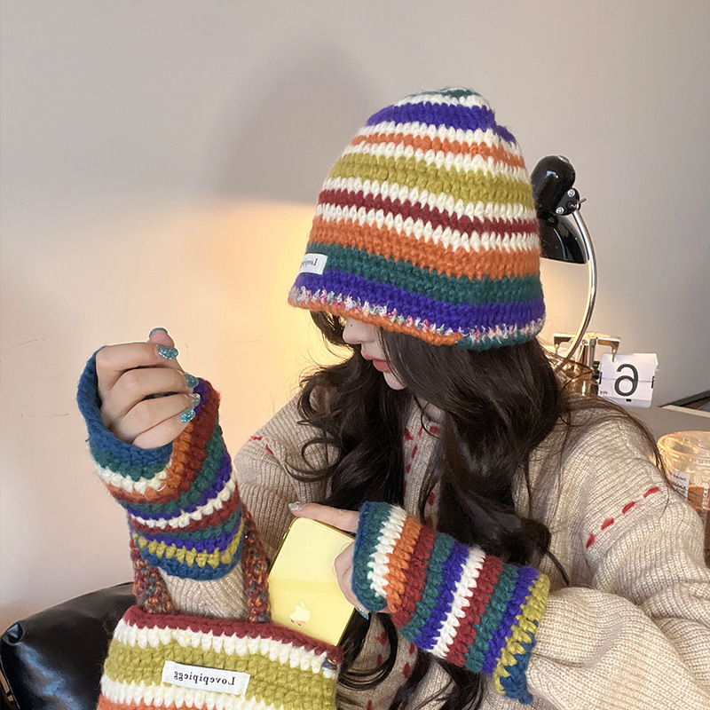 Autumn Winter New Warm Knitted Retro Rainbow Wool Korean Ins Trend Bag Gloves Hat Three-piece Set_voghion.com