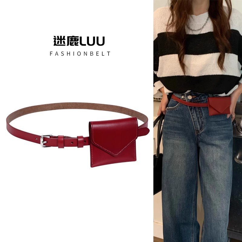 Genuine Leather Thin Belt Women's Mini Waist Bag Accessories High-end Decorative Dress Jeans Belt Red