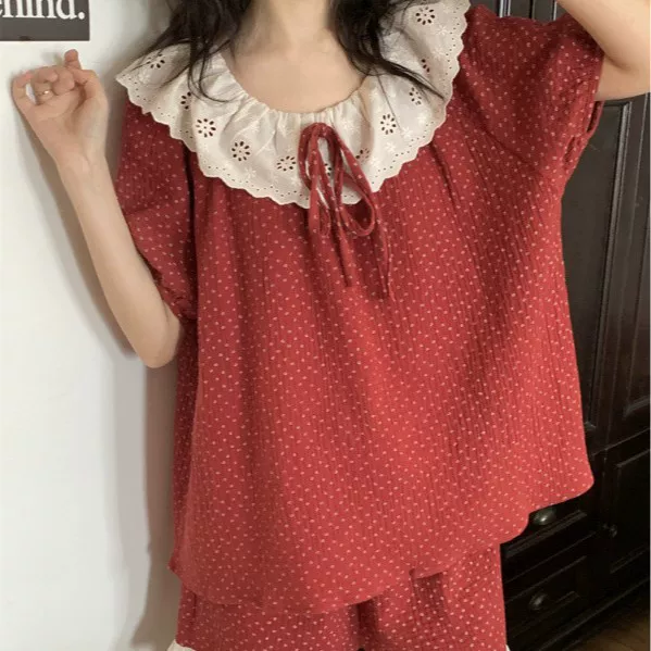 (Кросс-граничная торговля), летние красные шорты с круглым воротом, pijama, комплект, с коротким рукавом