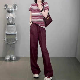 韩系简约条纹正肩显瘦阔腿裤套装2025夏季新款潮流运动休闲两件套
