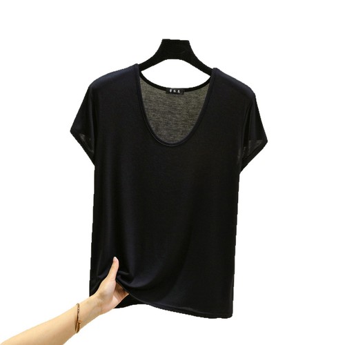 Summer Modal Elliptical Collar Short-Sleeve Women's Solid Color Casual Loose Slimming Versatile Top