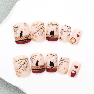 New Square Chinese Court Style Scrub Court Moon Night Kitten Atmosphere 24 Pieces Wearable Nail Patch