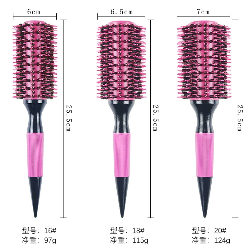 Розовая алюминиевая трубка раскатывающая расческа для curly hair с заостренным хвостиком, щетина свинья, зубы пчелиная сотка, воздушные отверстия, гладкие волосы, круглые вращающиеся деревянные расчески