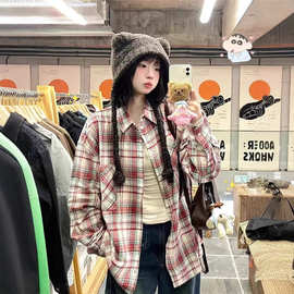 美式复古红色格子衬衫外套女春季慵懒风宽松衬衣显瘦休闲上衣开衫
