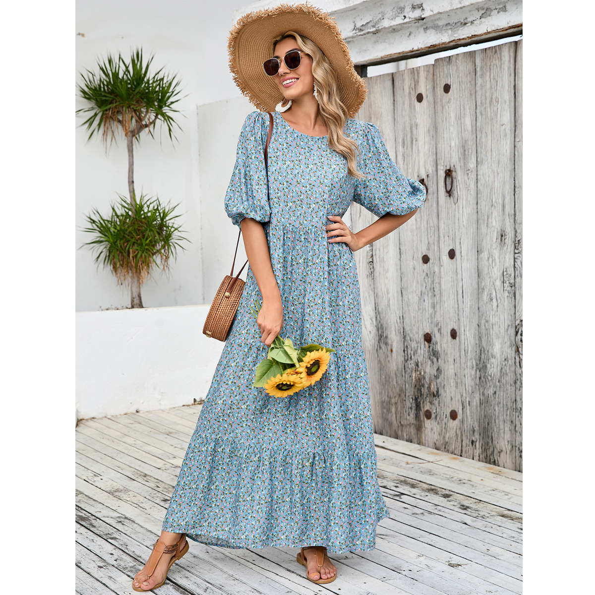 European And American Cross-border Foreign Trade Middle Eastern Robe, Loose-fitting Round-neck Mid-sleeve Dress,_ecoleips.com