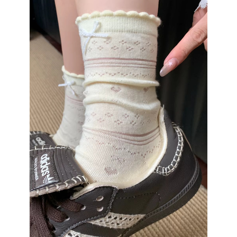 Fair Isle Sweet Style Cream Korean Version Spring and Summer Bowknot Heart Hollow-Out Seamless Ultra-Thin Breathable Slouchy Mid-Calf Socks