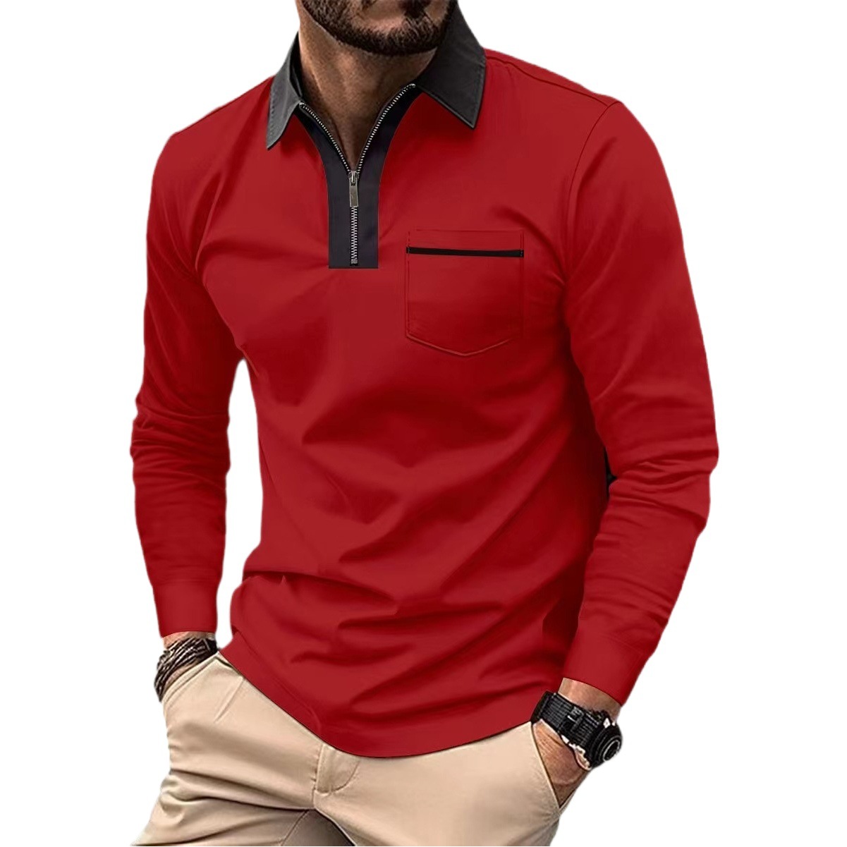 Camisa polo de manga larga de otoño americano para hombre transfronterizo 2025 Camiseta de hombre con solapa de manga larga delgada con media cremallera de Amazon