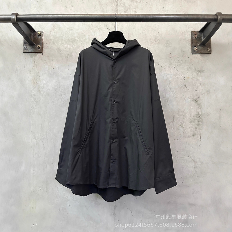 高版本巴黎B家25新款字母logo刺绣休闲宽松男女透气长袖连帽衬衫|undefined