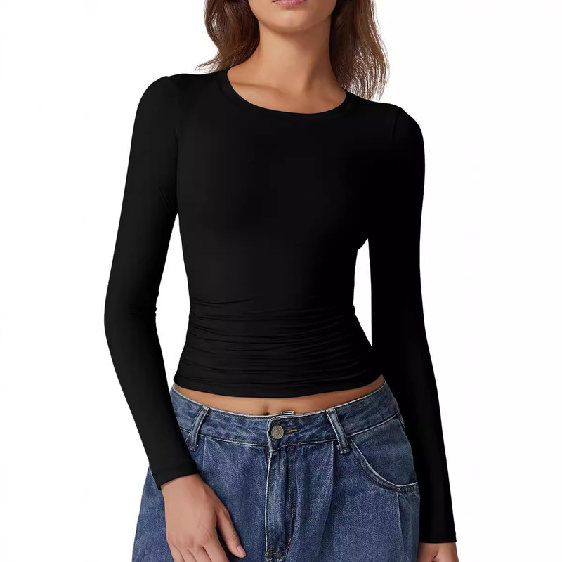 Amazon Cross-border 2023 European and American Women's Autumn and Winter Foreign Trade Slim Fit Bottoming Top T-shirt Round Neck Solid Color Slim Fit Amazon Cross-border 2023 European and American Women's Autumn and Winter Foreign Trade Slim Fit Bottoming Top T-shirt Round Neck Solid Color Slim Fit