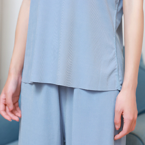 Ribbed Ice Silk Home Set Women Spring Summer Wide Leg Pants Wear Casual Home Ultra Thin Cool Sensation Short Sleeve Pajamas