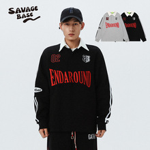 美式潮牌泽西风绣章运动橄榄球衣秋冬撞色条纹长袖休闲POLO领卫衣