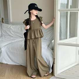 女童2025夏季时髦洋气套装中大童女孩木耳边袖露背衫阔腿裤两耐用