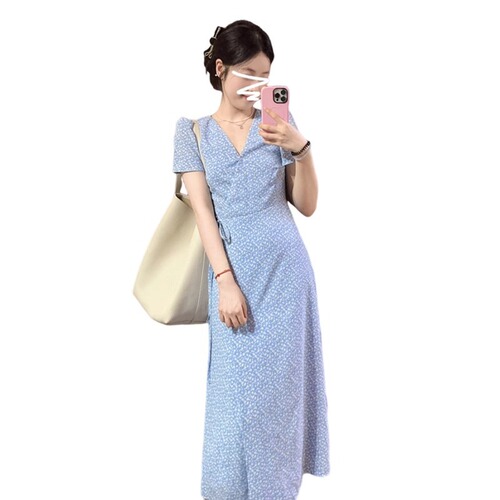 Blue floral print children's summer new high-end temperament waist-cinching very pretty V-neck long dress