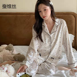 金丝绒睡衣女秋冬新款高端开衫波点蝴蝶结甜美少女感可外穿蚕维丝