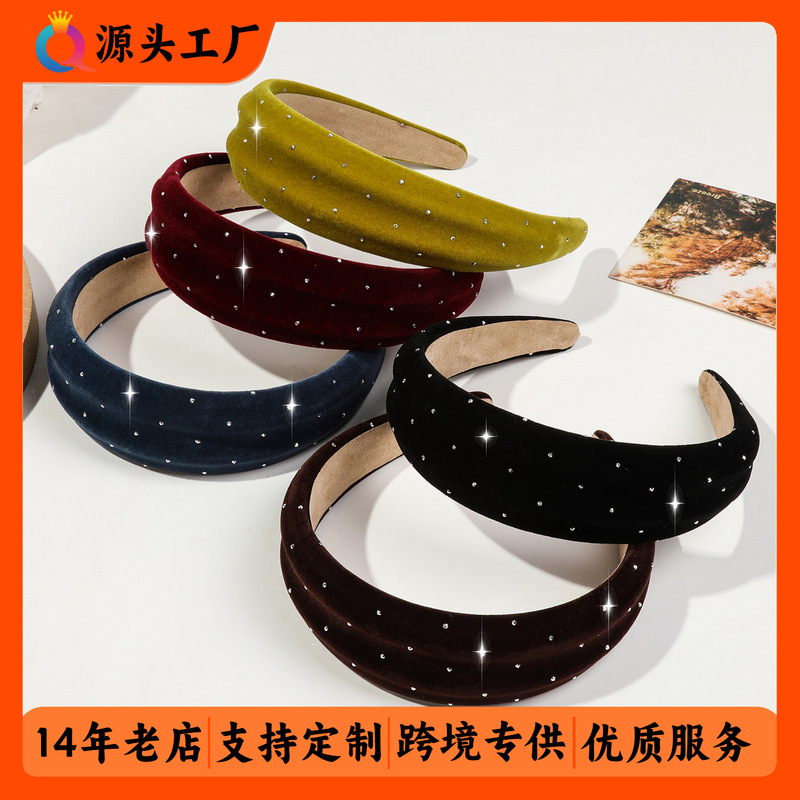 奇阅跨境秋冬麂皮绒烫钻高颅顶发箍高级感小香风通勤时尚发饰发箍|undefined