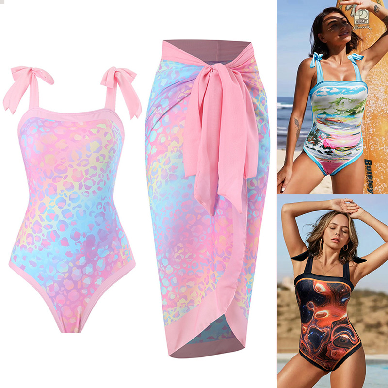 Traje de baño de una pieza estilo europeo y americano para comercio exterior 2024, traje de baño conservador para primavera caliente, protección solar para mujer, cubierta de chifón, ajuste delgado