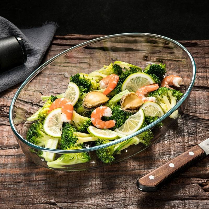 家用椭圆玻璃烤盘透明水果沙拉盘微波炉烤箱专用耐高温烘焙烤盘