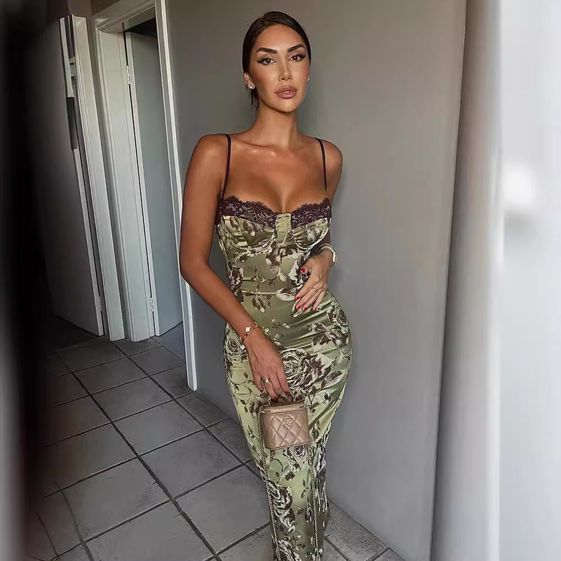 Amazon Lace Contrast Lace Pajamas Printed Long Hip Split Knitted Midi Sling Dress