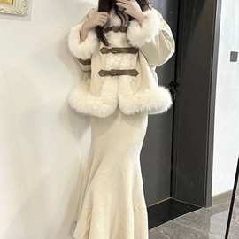 快手网红同款社会女修身包臀鱼尾半身裙+羊羔毛皮毛一体毛绒外套