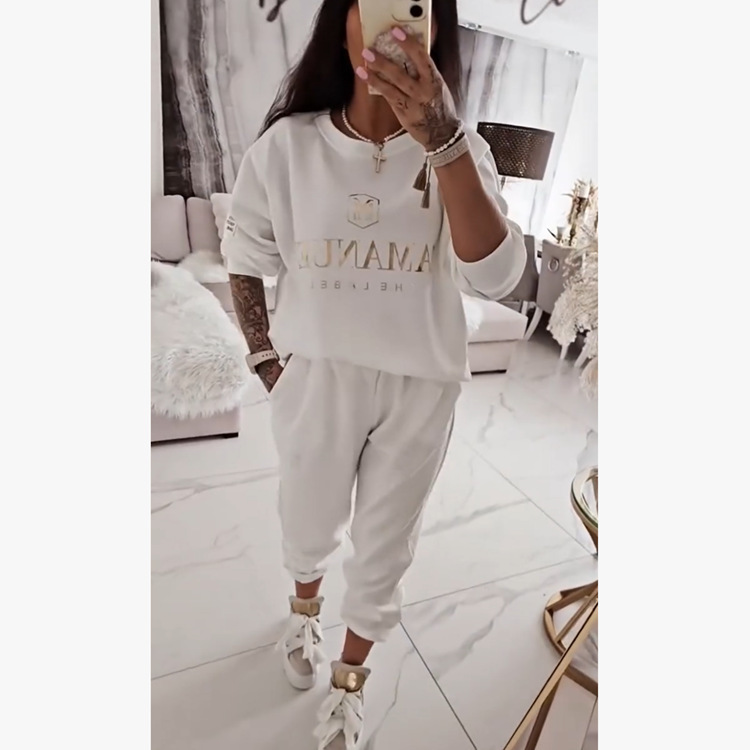 Cross-Border 2025 Women's Two-Piece Set English Printed Fashion Two-Piece Women's Sports Suit