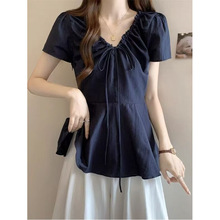 夏季女装新款日系时尚休闲复古修身收腰系带V领纯色娃娃衫短袖T恤