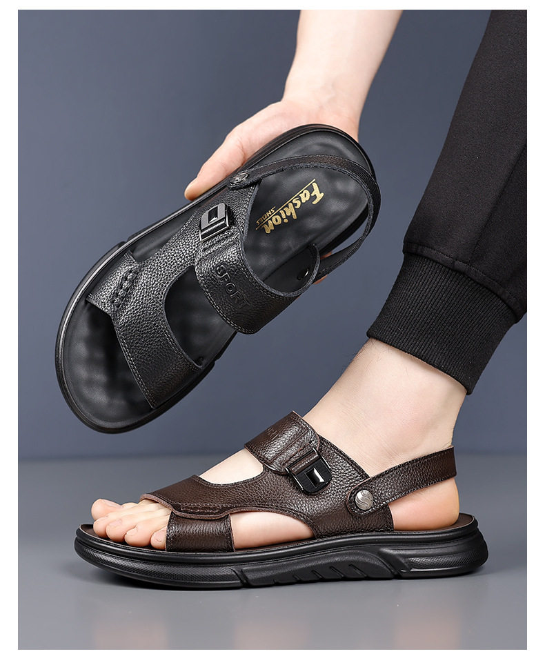 Dép sandal nam da bò thật hở ngón, đế mềm chống trượt, thoáng khí đi biển và sinh hoạt hằng ngày — 51218 Màu nâu, 51218 Màu đen chi tiết 3