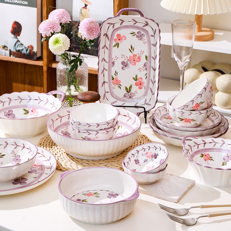 2024 New Japanese Country Style Purple Bells Home Ceramic Tableware Set with Soup Bowl and Plates