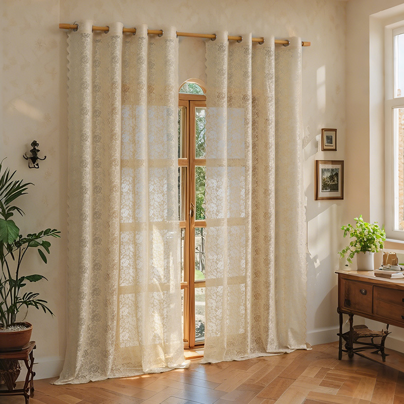 Franska blommiga spetsgardiner beige för sovrum och vardagsrum_voghion.com