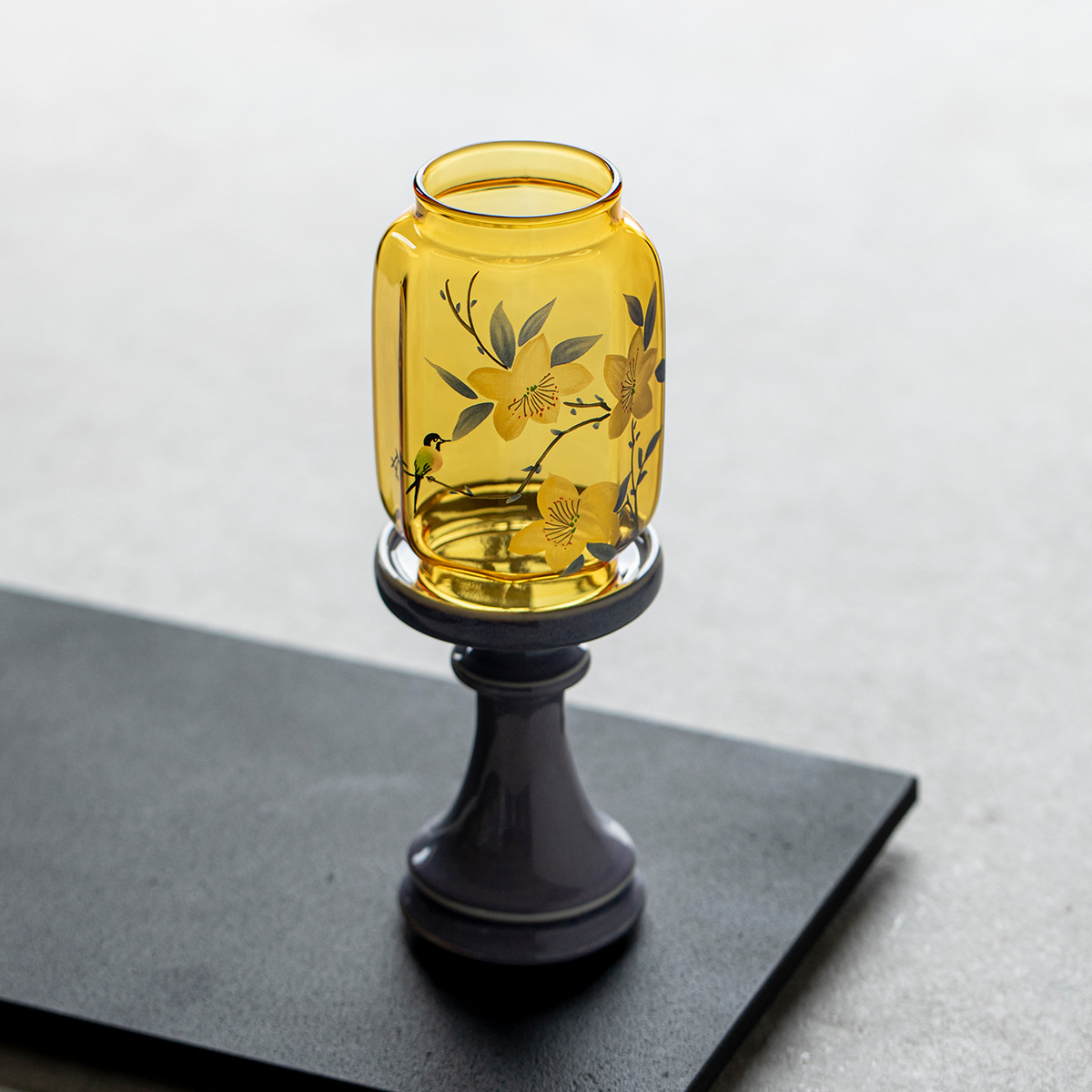 中式丹翠百合玻璃烛台灯禅意茶室氛围灯家用落地蜡烛灯装饰摆件