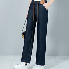 女性用ストレートジーンズ2025春夏新作人気ハイウエストスリムバージョンゆったり伸縮性ウエストスタイル肉感カバーワイドレッグパンツ