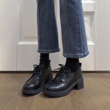 羊皮版~5厘米学院风粗跟乐福鞋女秋季厚底单鞋休闲英伦小皮鞋系版