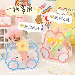 Back to school cartoon transparent acrylic pen holder, student desk storage box classification, mini illustration holder