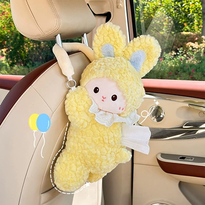 Cartoon Car Tissue Box Plush Doll Car Multifunctional Tissue Hanging Bag Cute Bunny Car Tissue Box