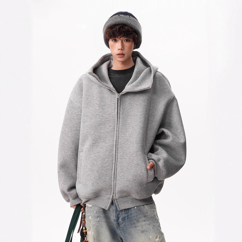 Trendy American-Style Fleece-Lined Air Layer Hooded Sweatshirt for Men and Women, Winter Heavyweight Loose Double-Zip Cardigan Couple Jacket