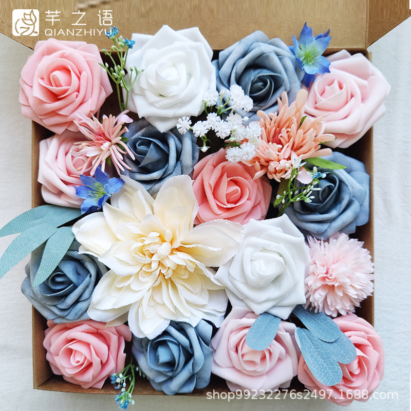 亚马逊热销手工制作仿真绢花粉色森系婚礼DIY手捧花篮花盒礼盒花
