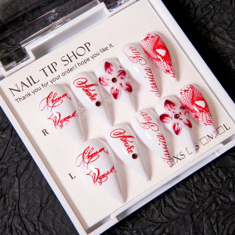 European and American style dragon claw press-on nails, pure white base with red petals and diamonds, creating a pure and alluring atmosphere European and American style dragon claw press-on nails, pure white base with red petals and diamonds, creating a pure and alluring atmosphere