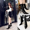 Slim heel pointed high heel SHINY PATENT LEATHER front zipper skinny boots short boots