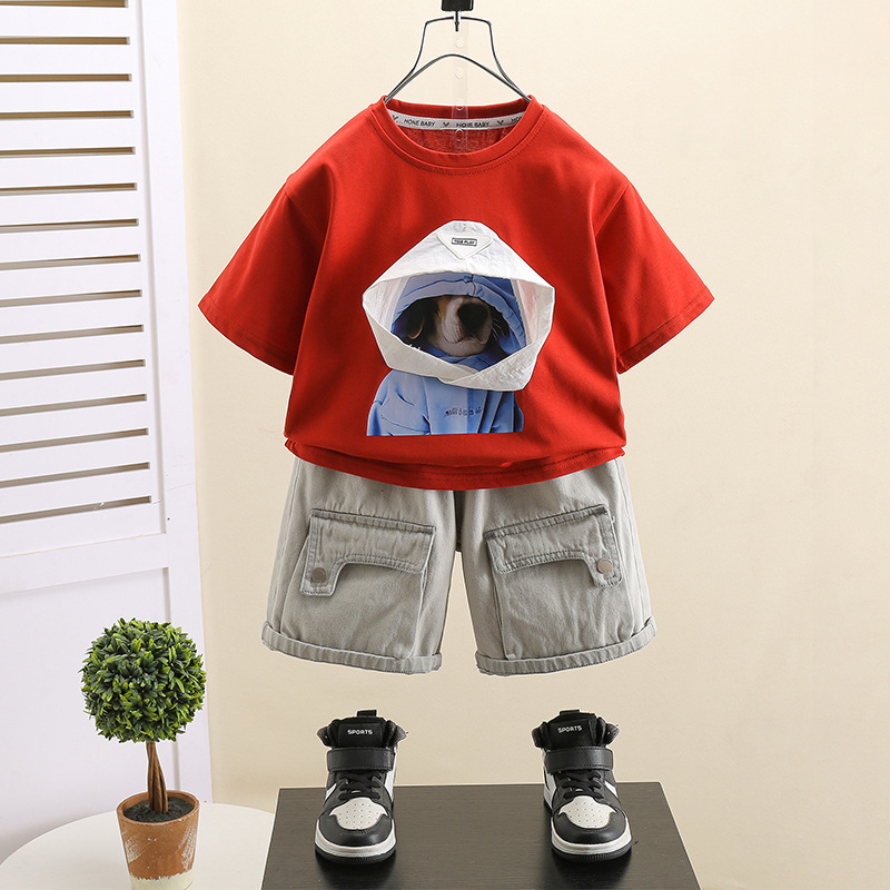 7421 Traje de verano para niños 2025 Nuevo estilo para niños Ropa delgada Verano Camiseta estampada de manga corta Conjunto de dos piezas 6