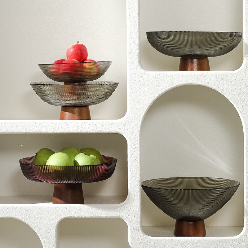 Lychee Sea Glass Wooden Footed Fruit Plate, Light Luxury High-End Chinese-Style Retro Snack and Dessert Display for Living Room Coffee Table