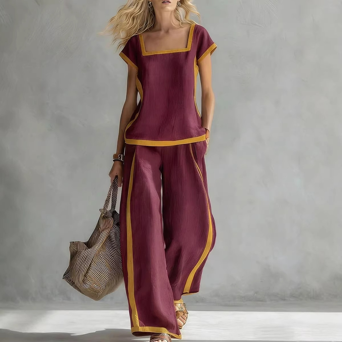 Women's Clothing Women's Cotton Linen Set Square Neck Short Sleeve Top High Waist Casual Loose Trousers Style_ecoleips.com