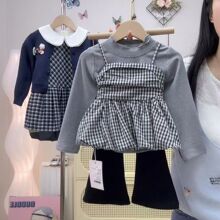 女童秋季套装2025新款“格纹泡泡”真两件格子上衣+喇叭裤三件套