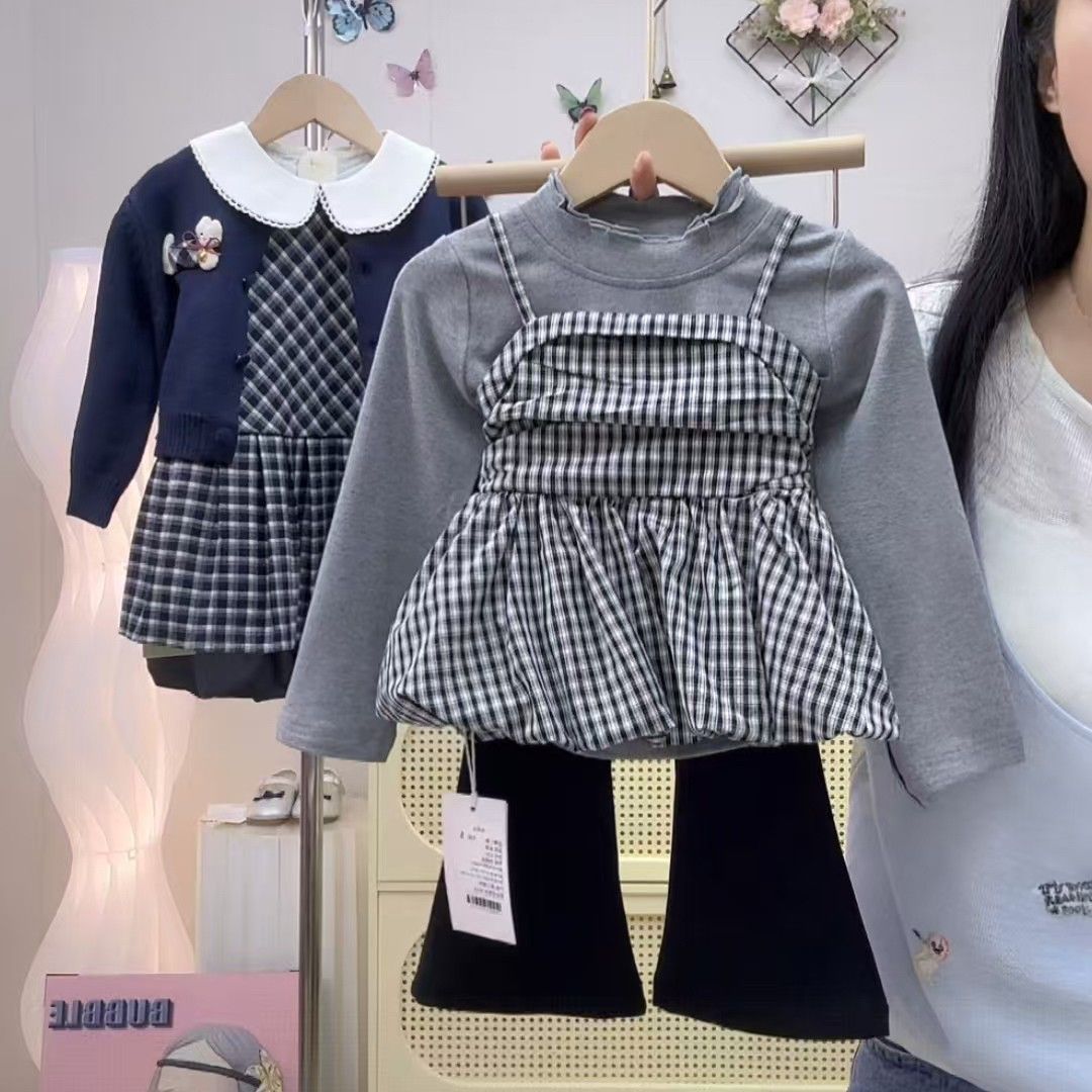 女童秋季套装2025新款“格纹泡泡”真两件格子上衣+喇叭裤三件套