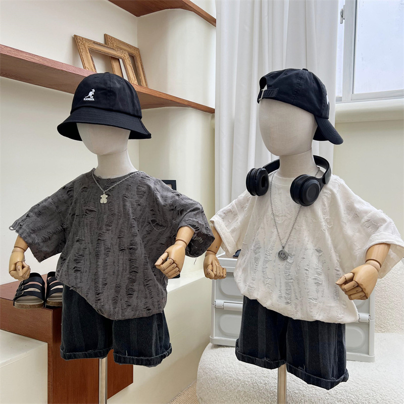 Boys summer American distressed shorts, children's dark cut denim loose casual pants, 5/4 pants_voghion.com