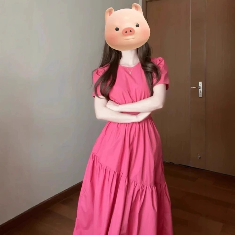 Женское платье французского стиля с завышенной талией, розово-красное, летняя коллекция 2025 года, миниатюрное, элитное, стройнящее длинное платье.