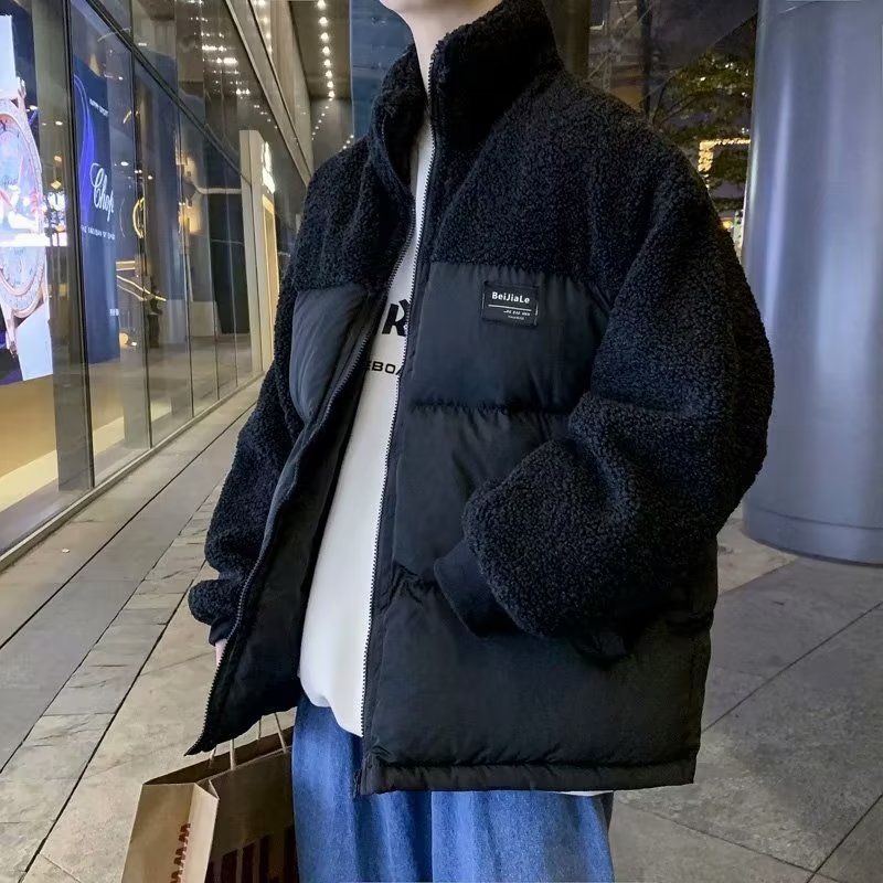 Chaqueta de lana de cordero tendencia masculina 2024 otoño e invierno estilo de Hong Kong costura chaqueta acolchada de algodón pareja ropa acolchada de felpa hermosa marea ins