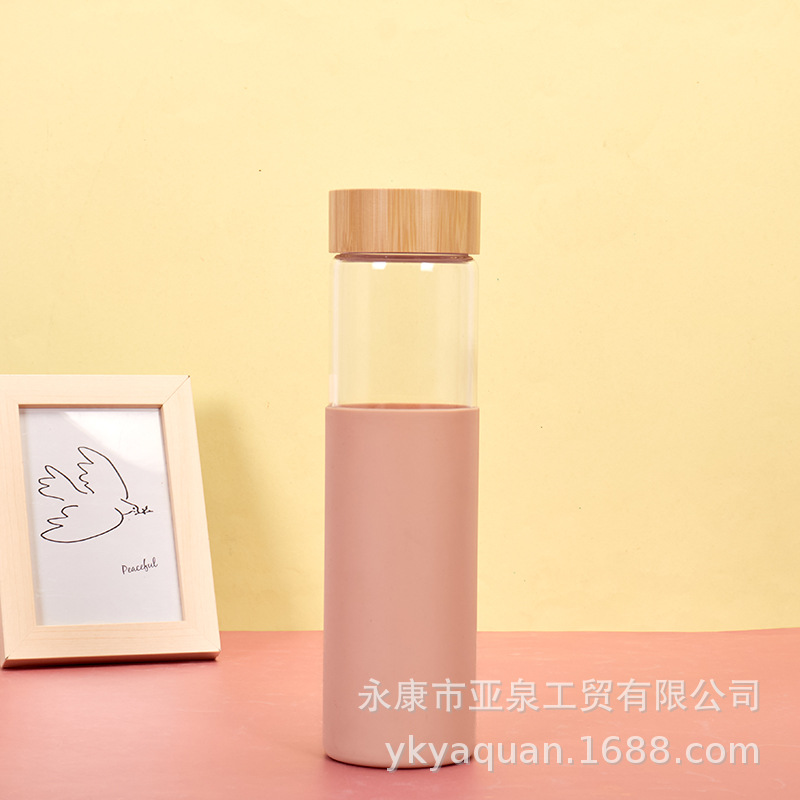 Cruz-frontera espesado vidrio borosilicato Flor de vidrio taza de té espiral de bambú cubierta de vidrio taza de agua con la cubierta de la taza de silicona