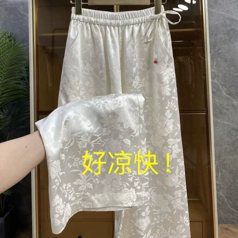 Жаккардовые атласные брюки в китайском стиле. Широкие брюки в китайском стиле для женщин. Весна и лето. Новые драпированные брюки с высокой талией. Тонкие прямые повседневные свободные брюки.